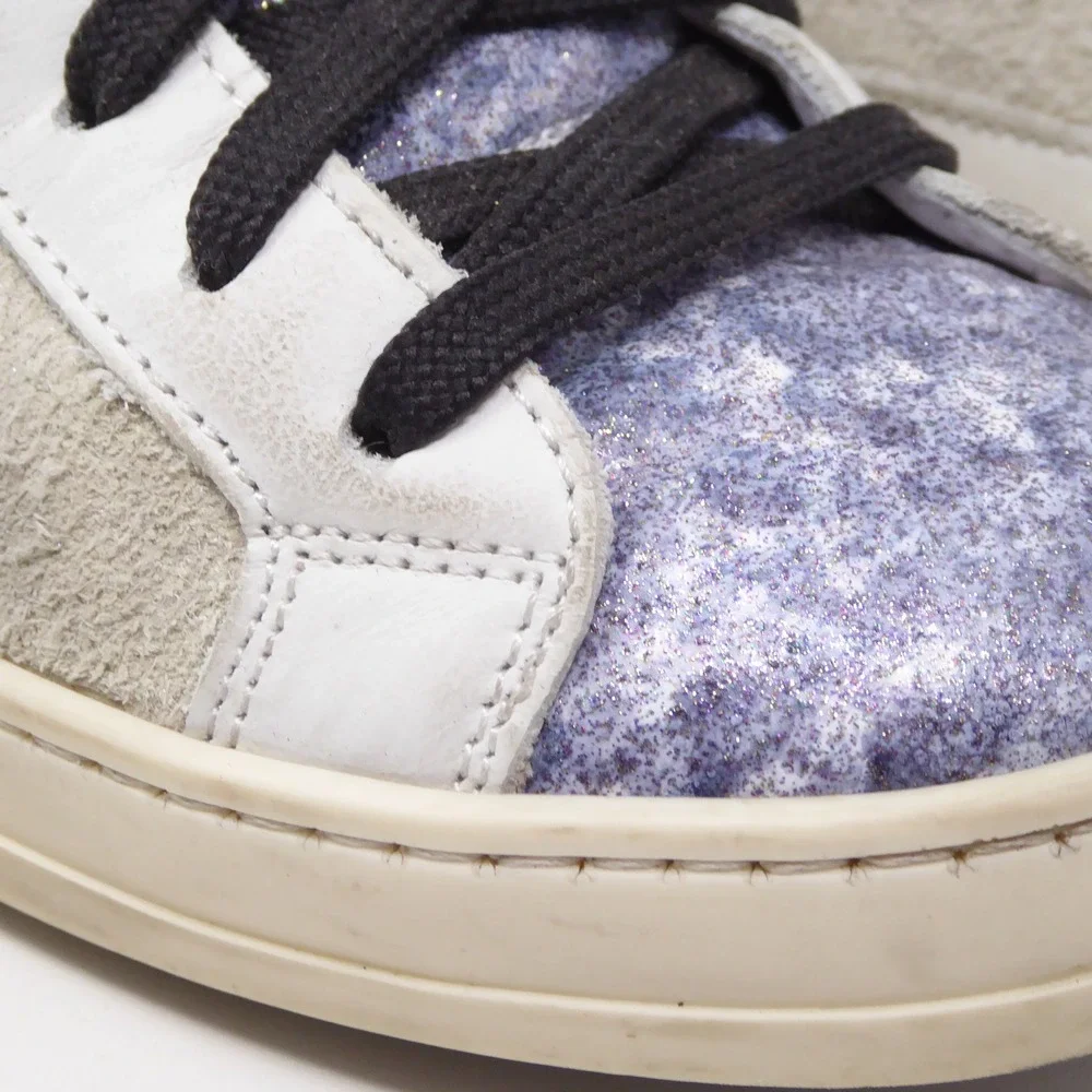P448 Women Sneakers Shoes White Gray Blue Glitter John Low Top 38 / 7-7.5